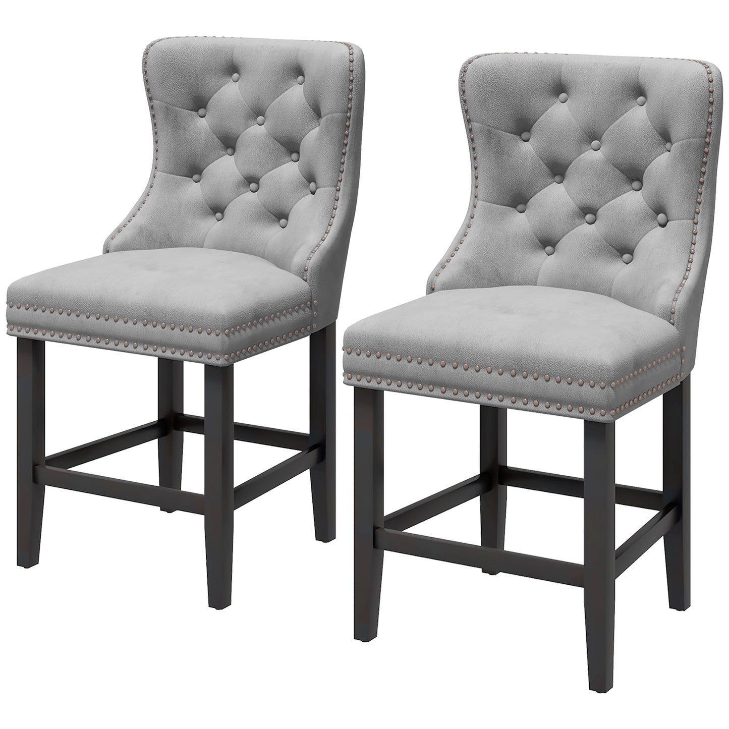 Upholstered Fabric Bar Stool Set of 2, Button Tufted 25.6" Seat Height Counter Chairs with Back & Wood Legs, Grey