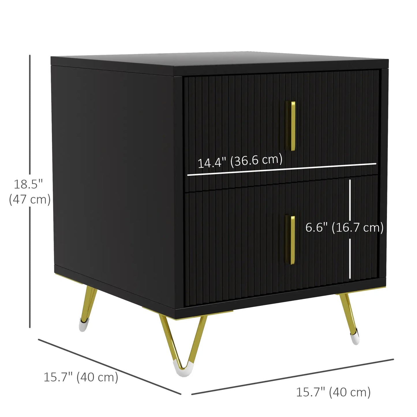 Modern Nightstand or End Table with 2 Drawers, Side End Table with Metal Legs for Living Room or Bedroom, Black