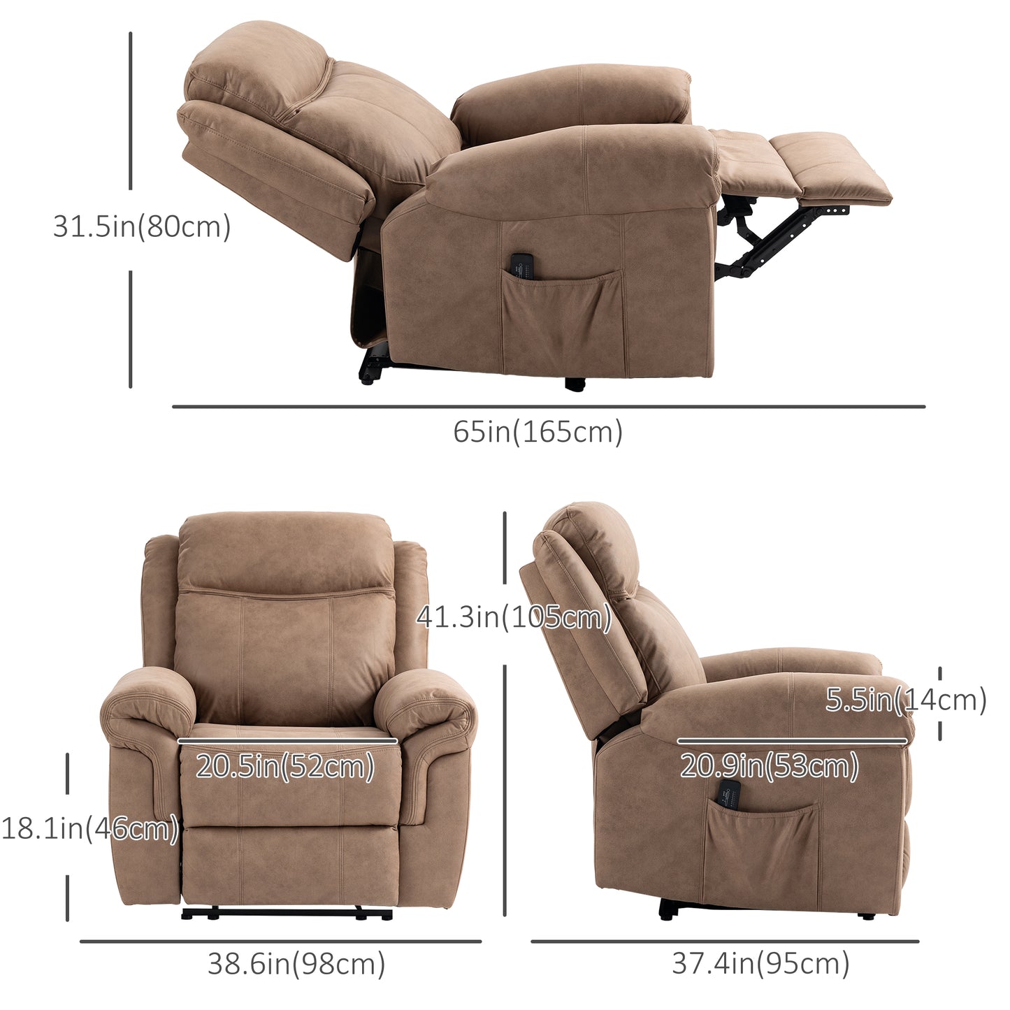 Manual Recliner Chair with Vibration Massage, Side Pockets, Microfibre Reclining Chair for Any Room, in Brown