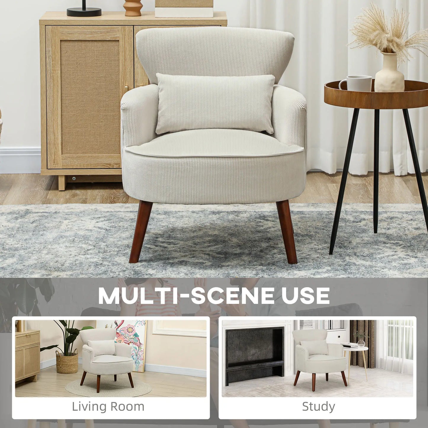 Modern Accent Chair with Solid Wood Legs and Lumbar Pillow for, Cream White