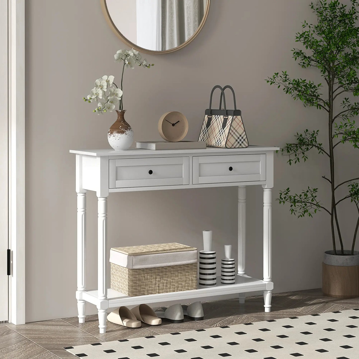 Modern Entryway Table with 2 Drawers, Storage Shelf and Turned Legs in white