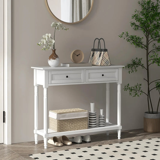 Modern Entryway Table with 2 Drawers, Storage Shelf and Turned Legs in white