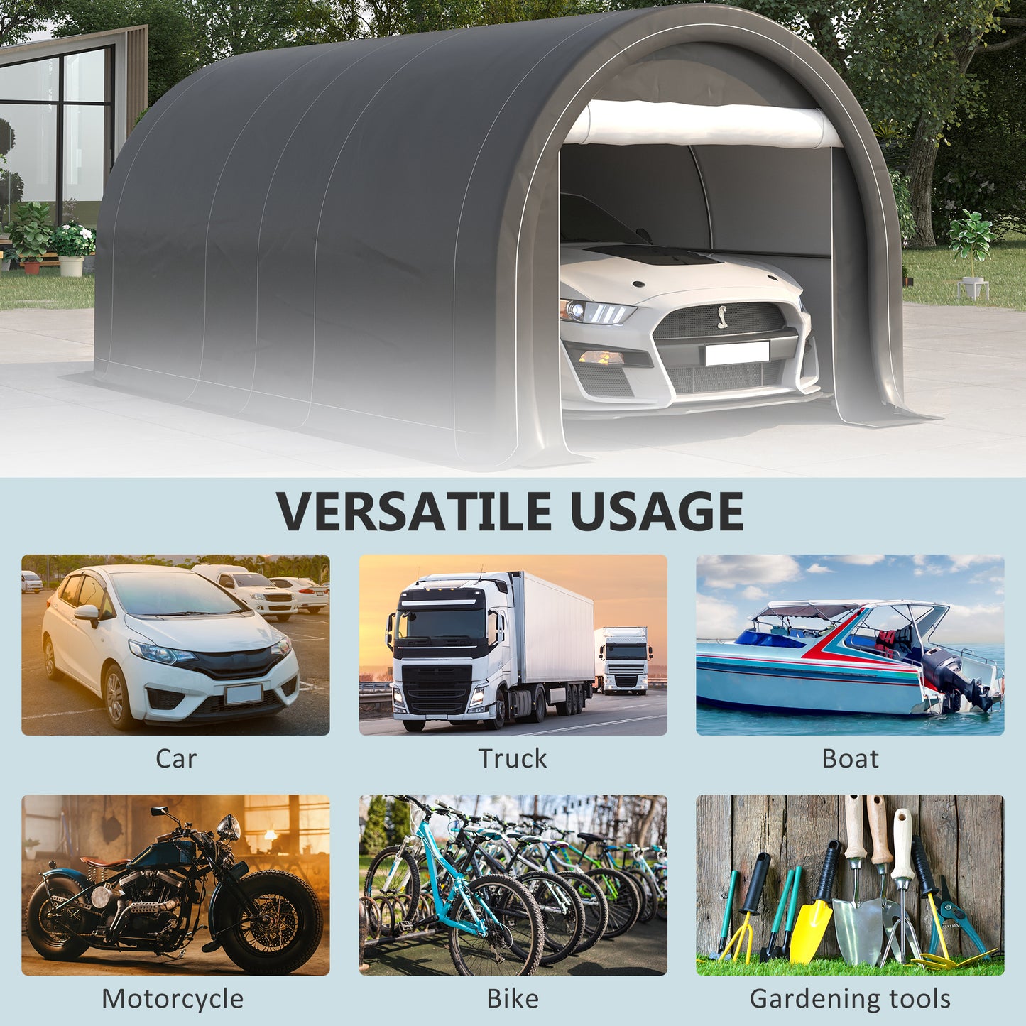 16' x 10' Carport, Heavy Duty Portable Garage / Storage Tent with Large Zippered Door, Anti-UV PE Canopy Cover for Car, Truck, Boat, Motorcycle, Bike, Garden Tools, Gray