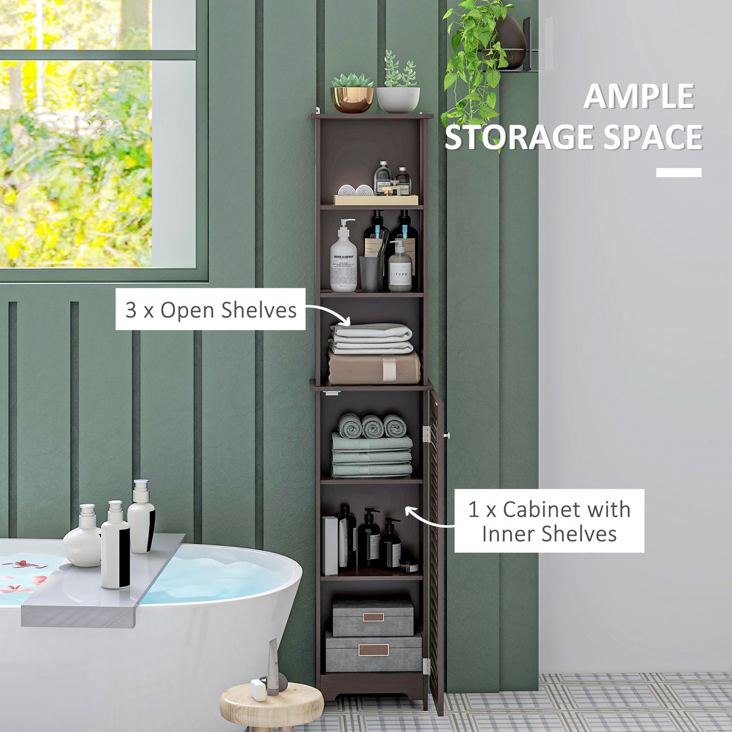 Tall Bathroom Storage Cabinet, Freestanding Linen Tower with 3-Tier Open Adjustable Shelf and Cupboard, Dark Brown