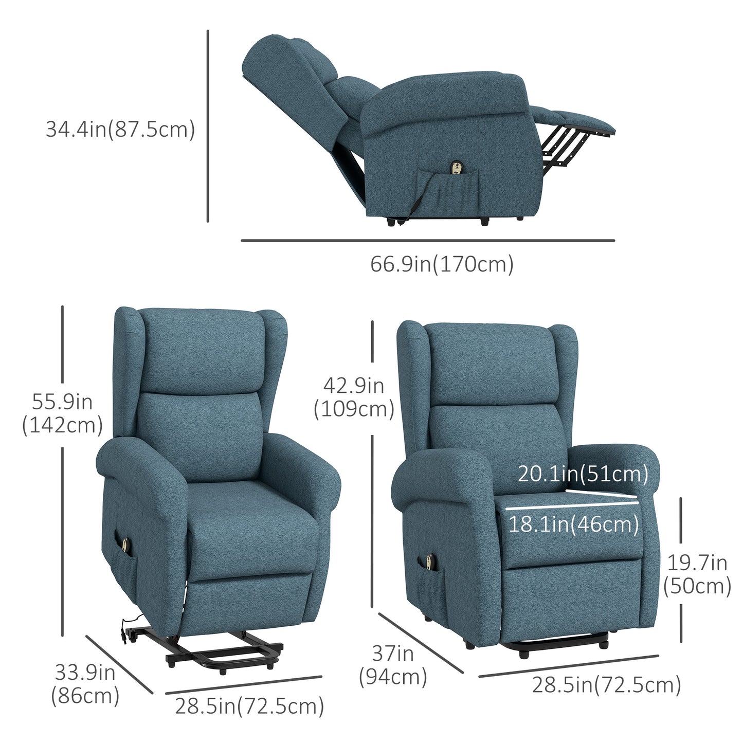 Wingback Lift Chair, Power Chair Recliner with Footrest, Remote Control, Side Pockets, Blue