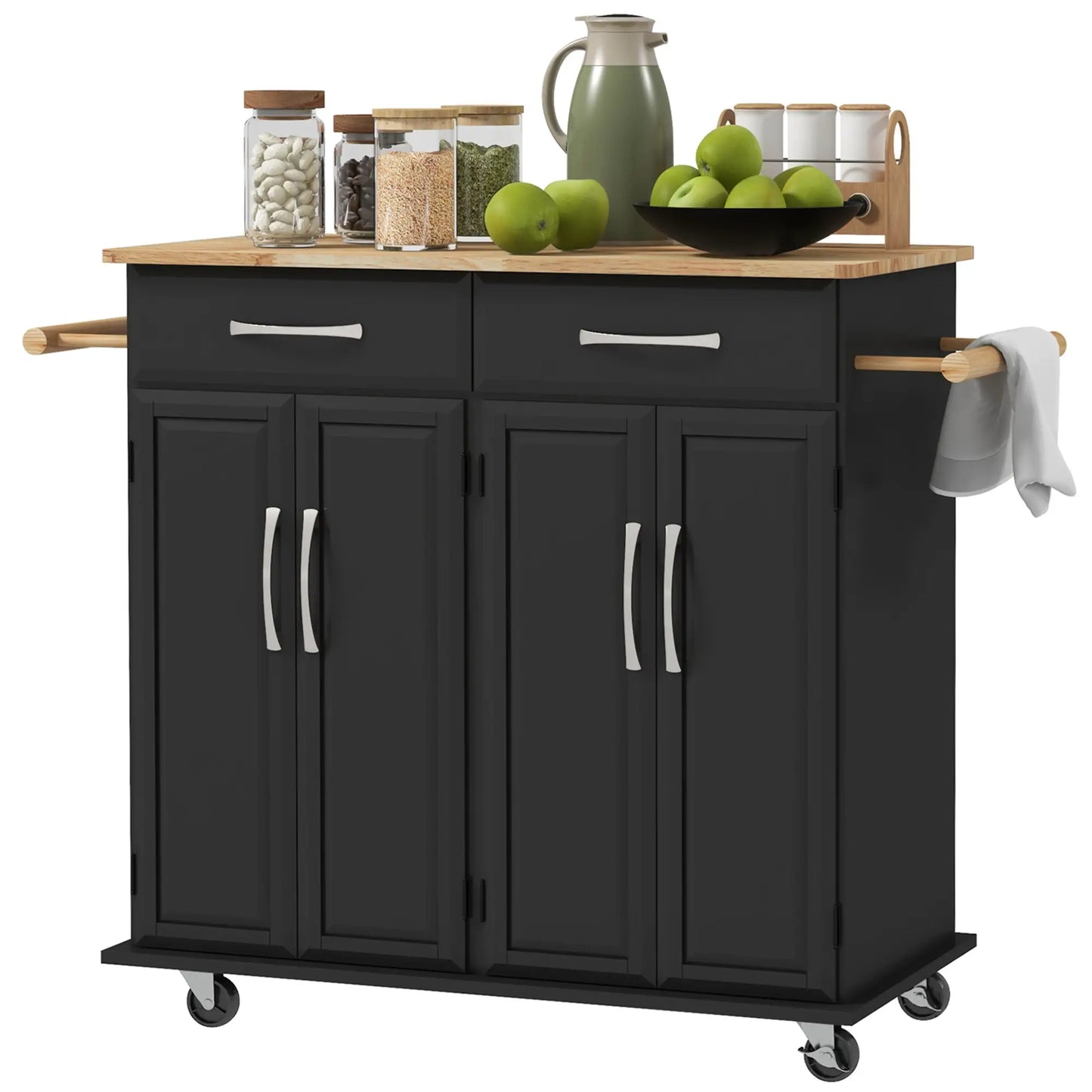 Kitchen Island on Wheels with Rubberwood Top, with 2 Drawers, 4 Doors and Adjustable Shelves