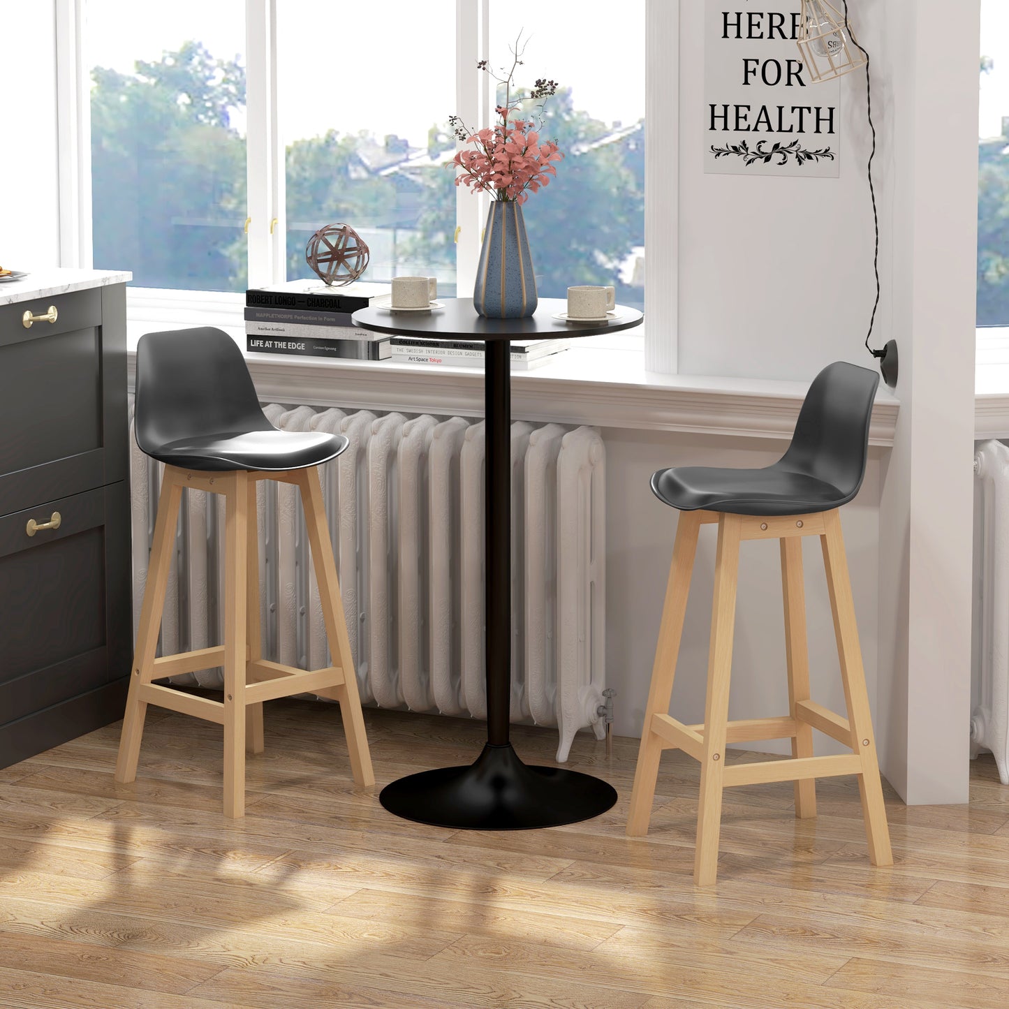 Bar Height Stools Set of 2, PU Leather Upholstered Stools for Kitchen Island, Modern Bar Chairs with Backs, Black