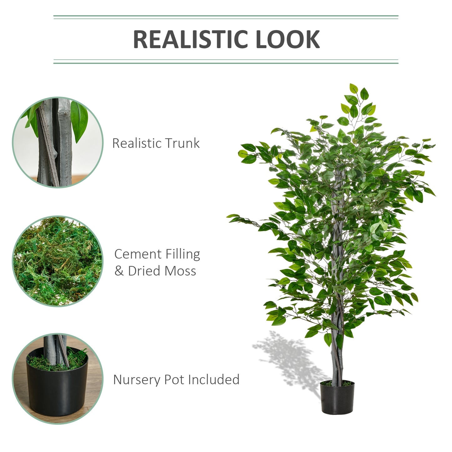 4.5ft Ficus Artificial Plant with Realistic Leaves, Potted Fake Tree for Home Office Indoor Outdoor Decor, Green