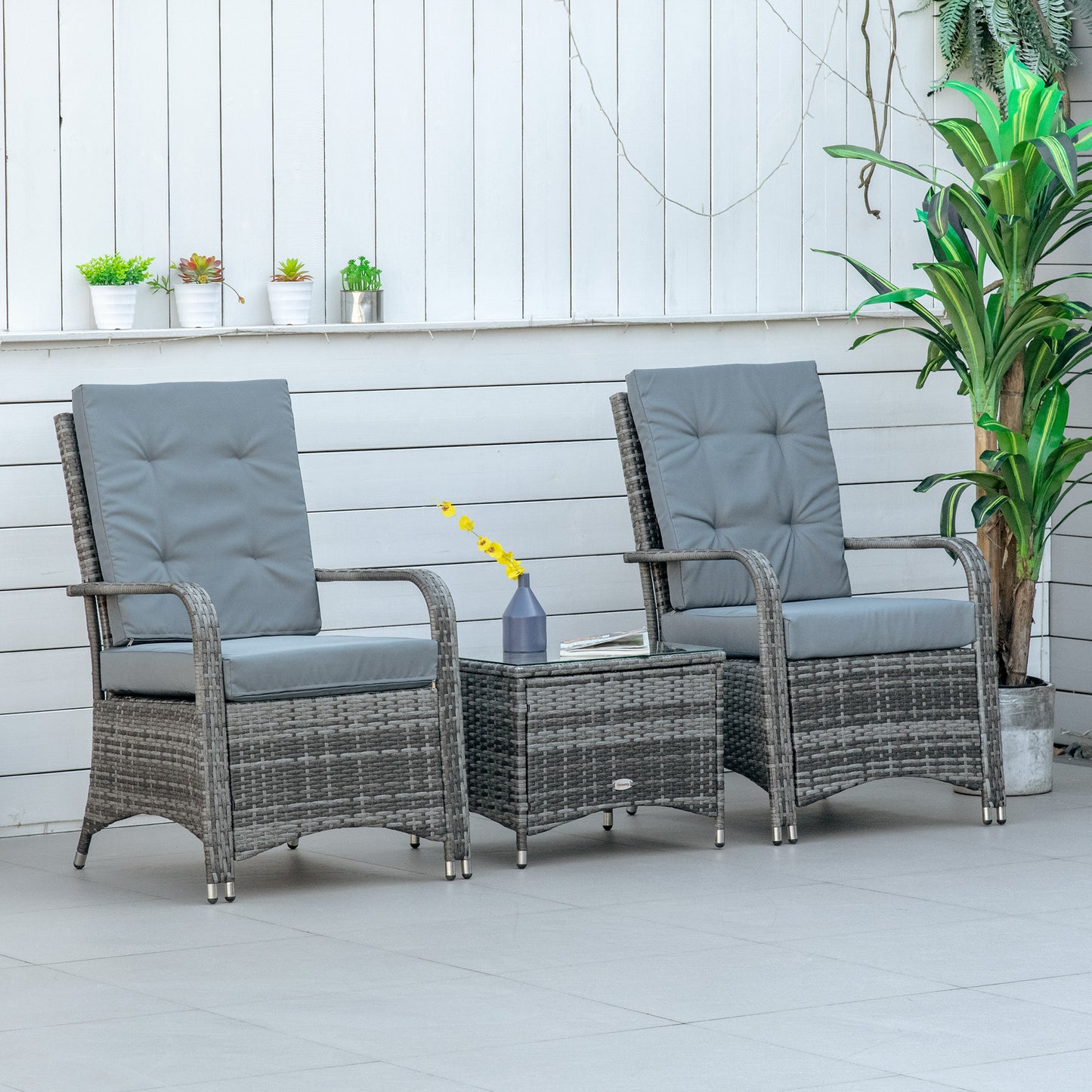 Outsunny 3 Piece Outdoor PE Rattan Patio Furniture Set Bistro Set w/ Cushions, Tempered Glass Tabletop for Balcony, Pool, Grey