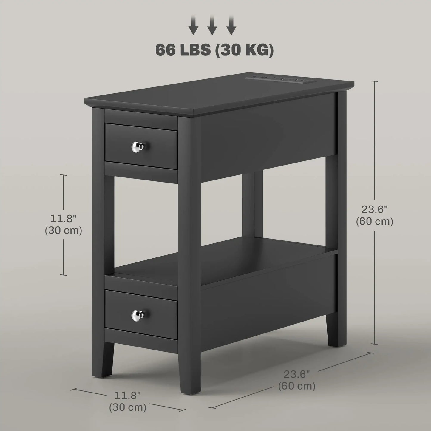 Narrow Side Table with Charging Station, USB Ports, Modern End Table with Storage Shelf, Drawers for Living Room, Black