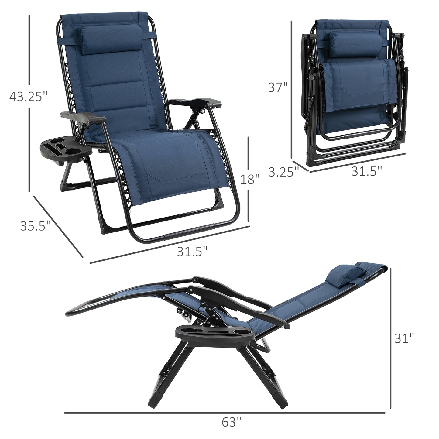 Zero Gravity Lounger Chair, Padded Folding Reclining Patio Chair with Cup Holder, Headrest, for Poolside, Camping, Blue