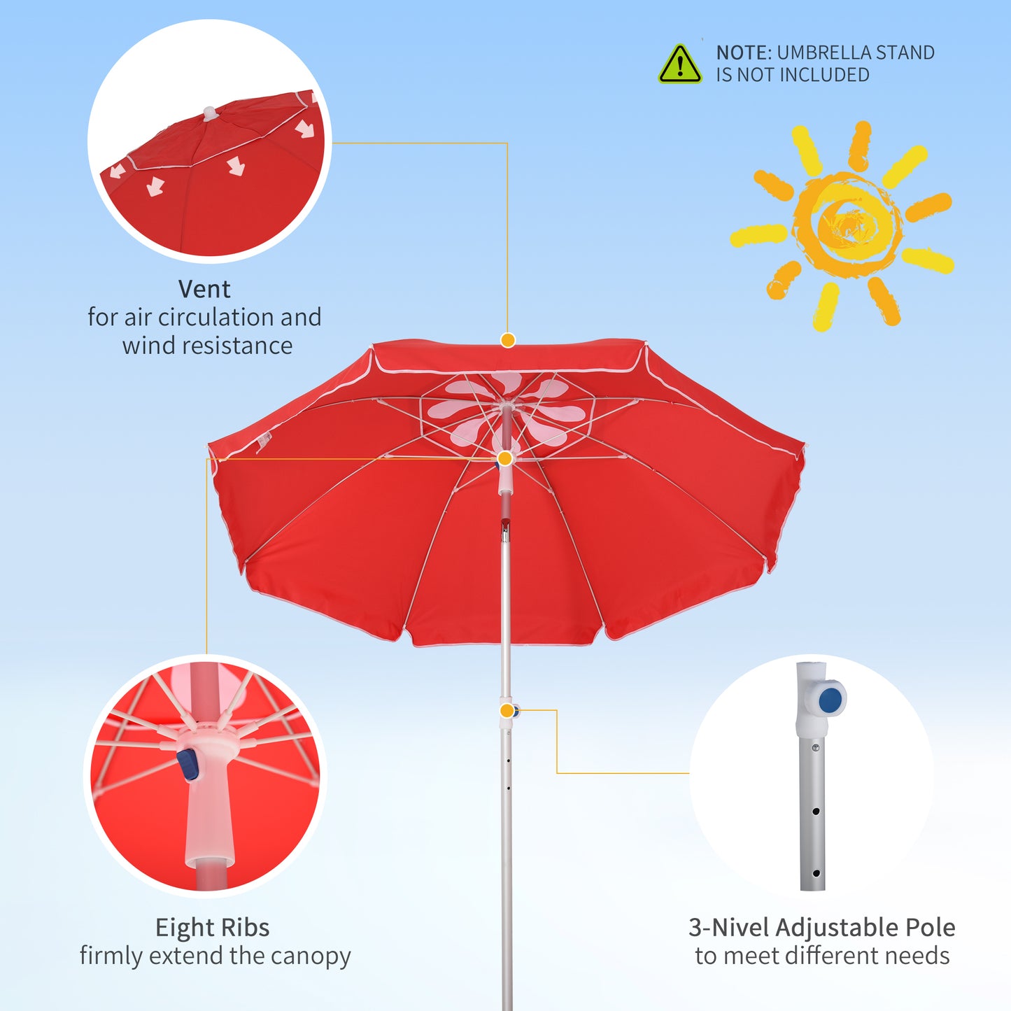 Arc. 6.4ft Beach Umbrella with Aluminum Pole Pointed Design Adjustable Tilt Carry Bag for Outdoor Patio Red