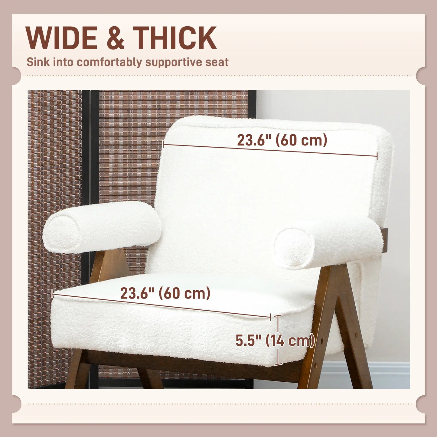 Cashmere Accent Chair Armchair with Wide Seat and Soft Padded Armrests, White