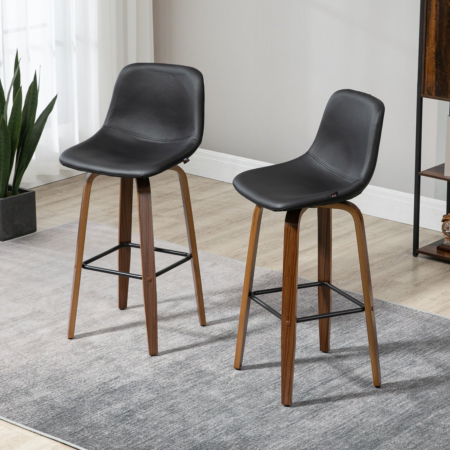 Bar Stools Set of 2, PU Leather Upholstered Bar Chairs with Back and Solid Wood Legs for Kitchen, Dining Room, Black