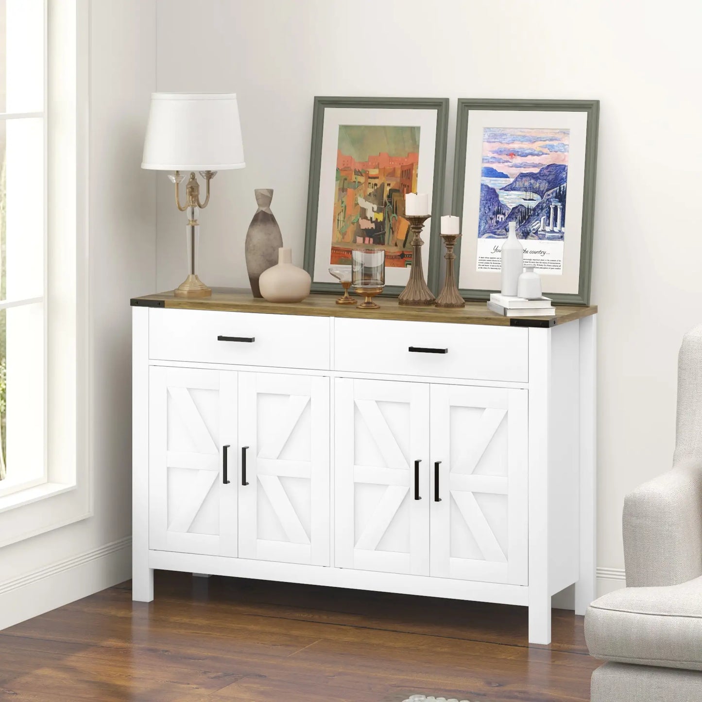 Farmhouse Buffet Cabinet Sideboard with 2 Drawers, 2 Storage Cabinets and Adjustable Shelves, White