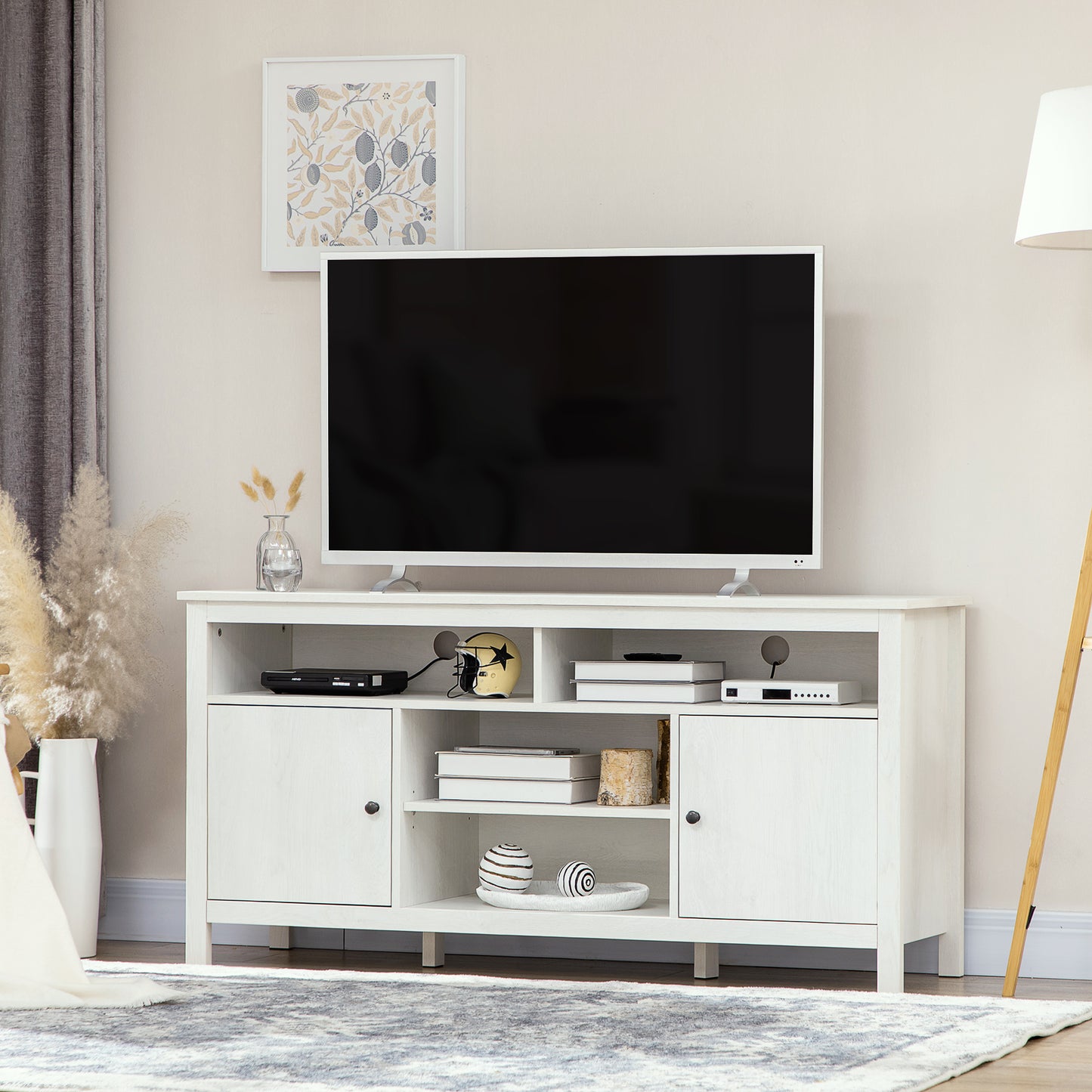 TV Stand for TVs up to 55", TV Unit with Storage Cupboard and Shelves, 55.1" x 15.7" x 27", White