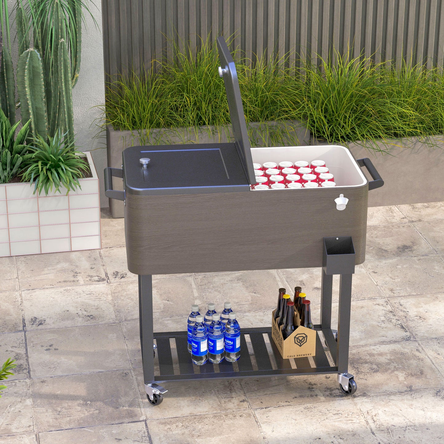 Outdoor Beverage Cooler Bar Cart, 67-Qt with Shelf, Bottle Opener and Wheels, Grey