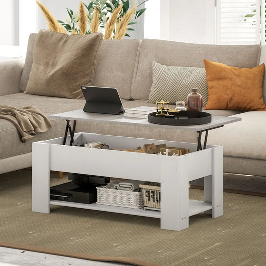 Lift Top Coffee Table with Hidden Storage Compartment and Open Shelf, White