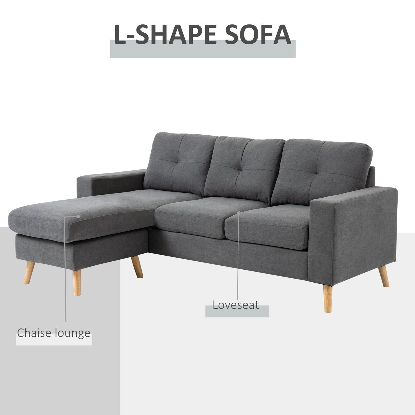 Sectional L Shaped Sofa Couch with Reversible Chaise, Wooden Legs. Great for small spaces, Living Room or Bedroom. In Dark Grey