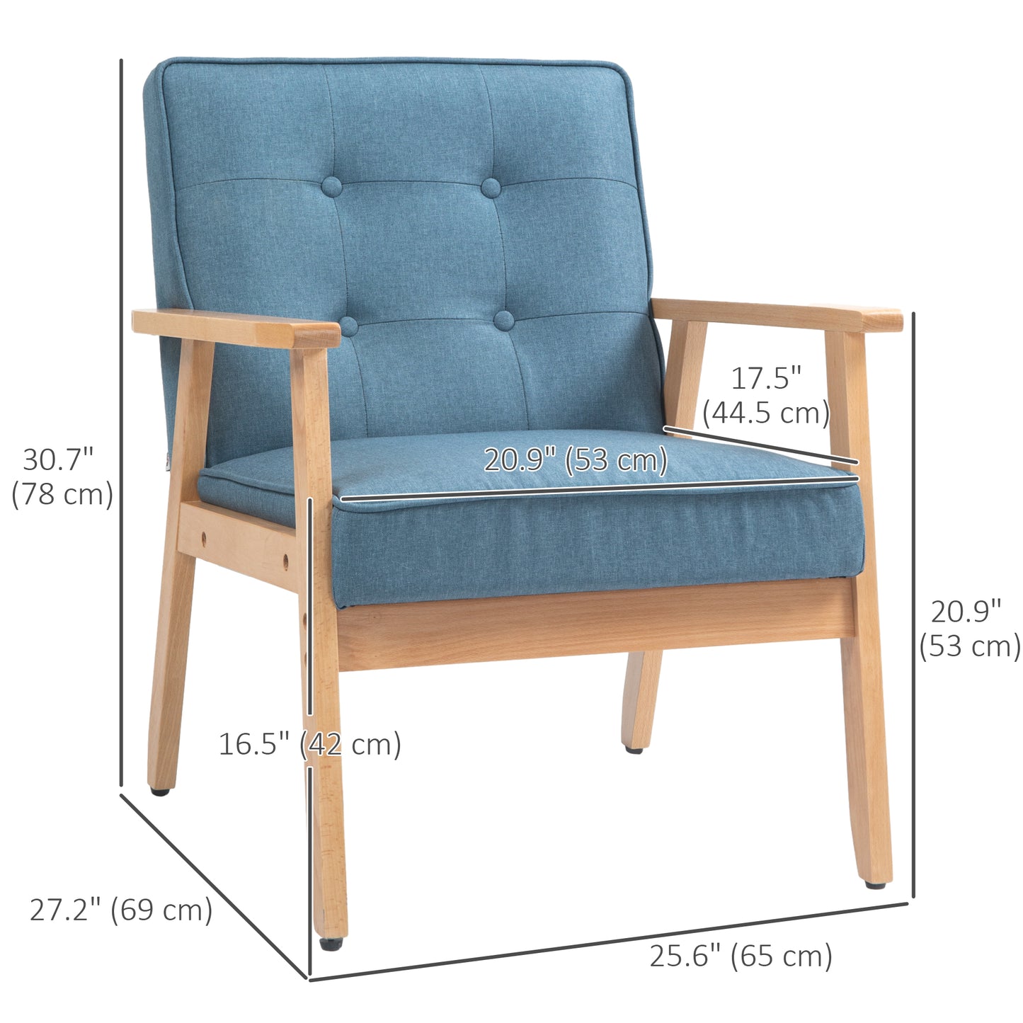 Modern Armchair Fabric, Accent Chair with Tufted Back, Wood Legs and Thick Padding for Living Room, Bedroom, Blue