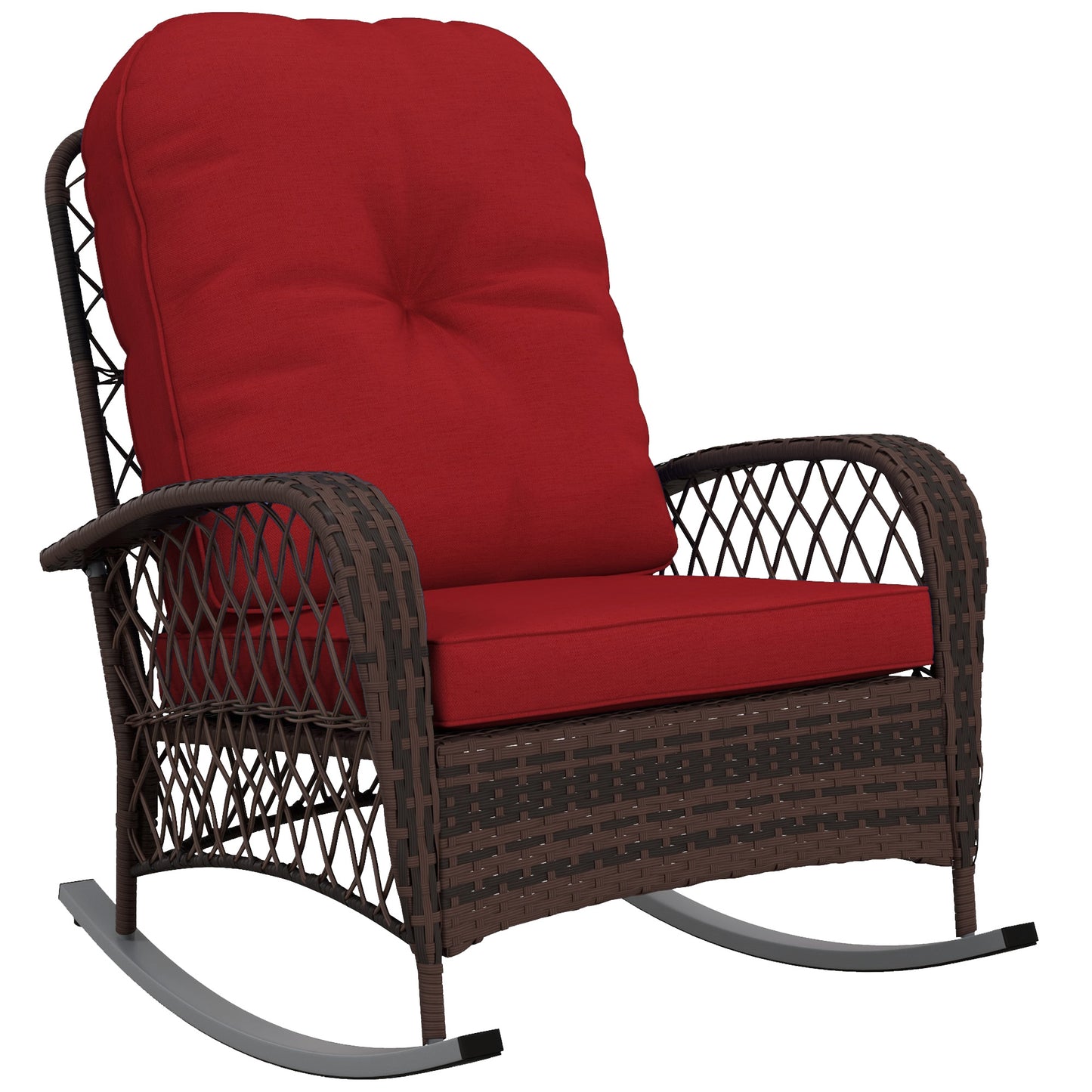 Outdoor Wicker Rattan Rocking Chair Patio Rocker with Thick Cushions for Garden Backyard Porch, Red