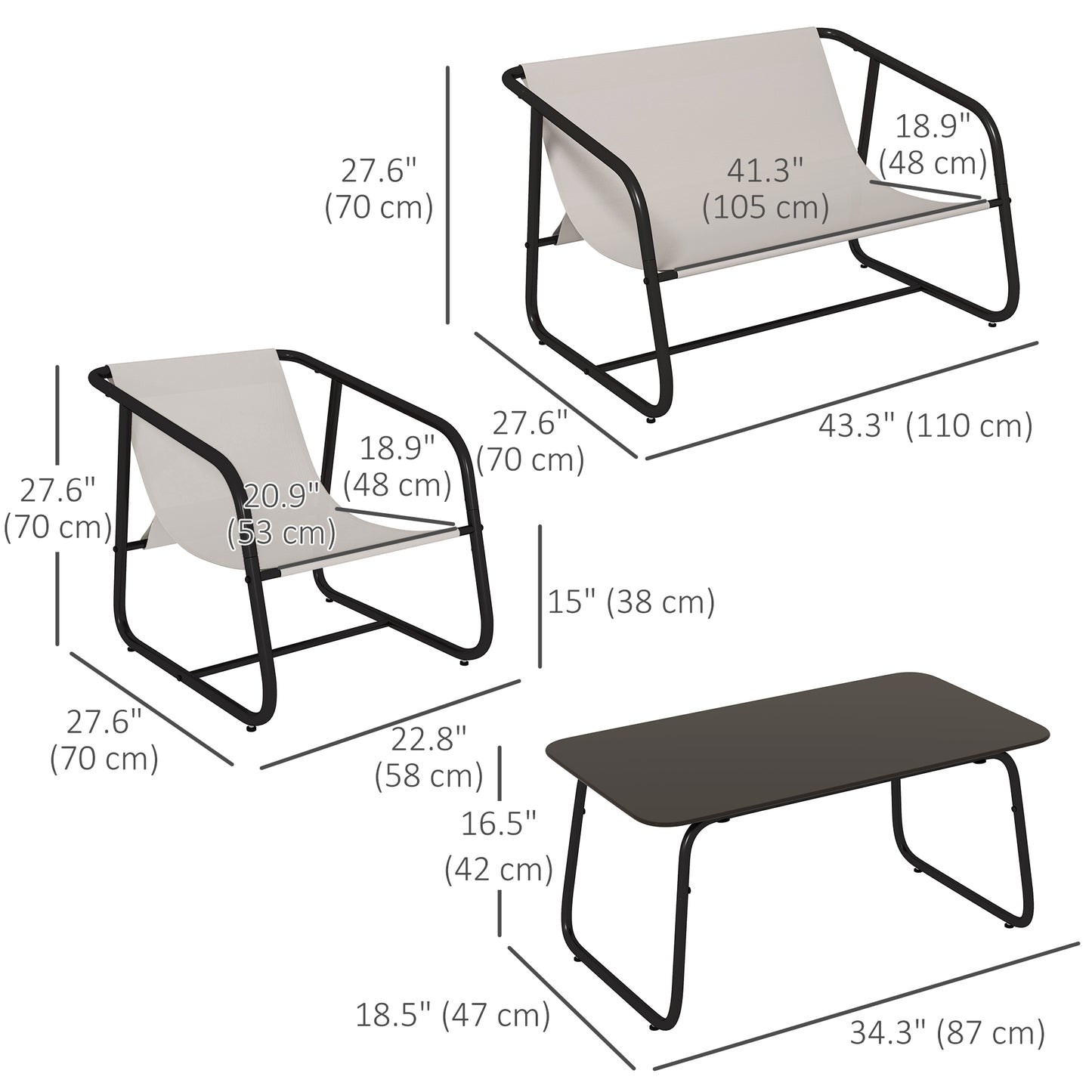 Outsunny Garden Sofa Set, 4 Piece Patio Conversation Furniture Set with Glass Table, Breathable Mesh, Cream White