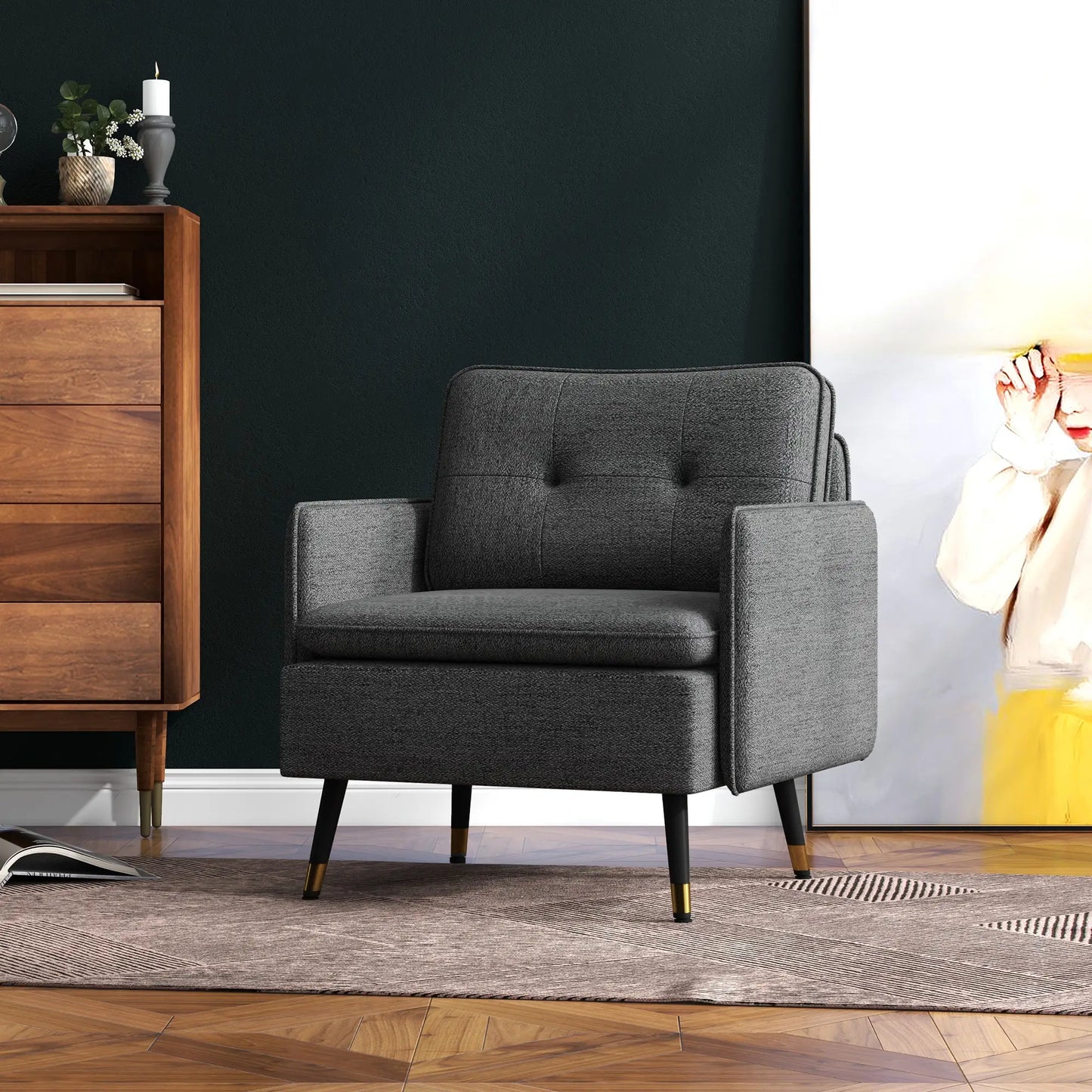 Modern Armchair, Upholstered Accent Chair with Tufted Back Cushion and Steel Legs in Dark Grey