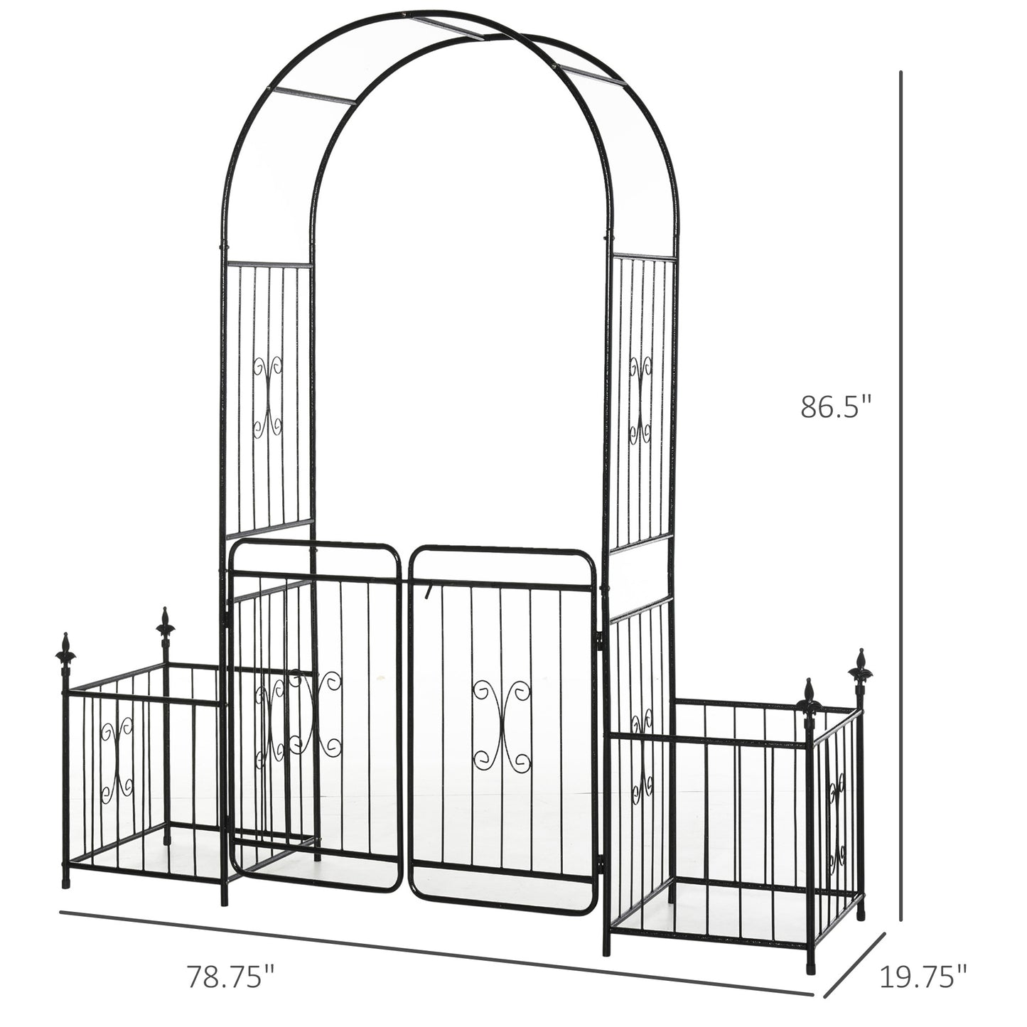 87" Metal Garden Arbor Arch with Double Doors, 2 Side Planter Baskets, Climbing Vine Frame, Black