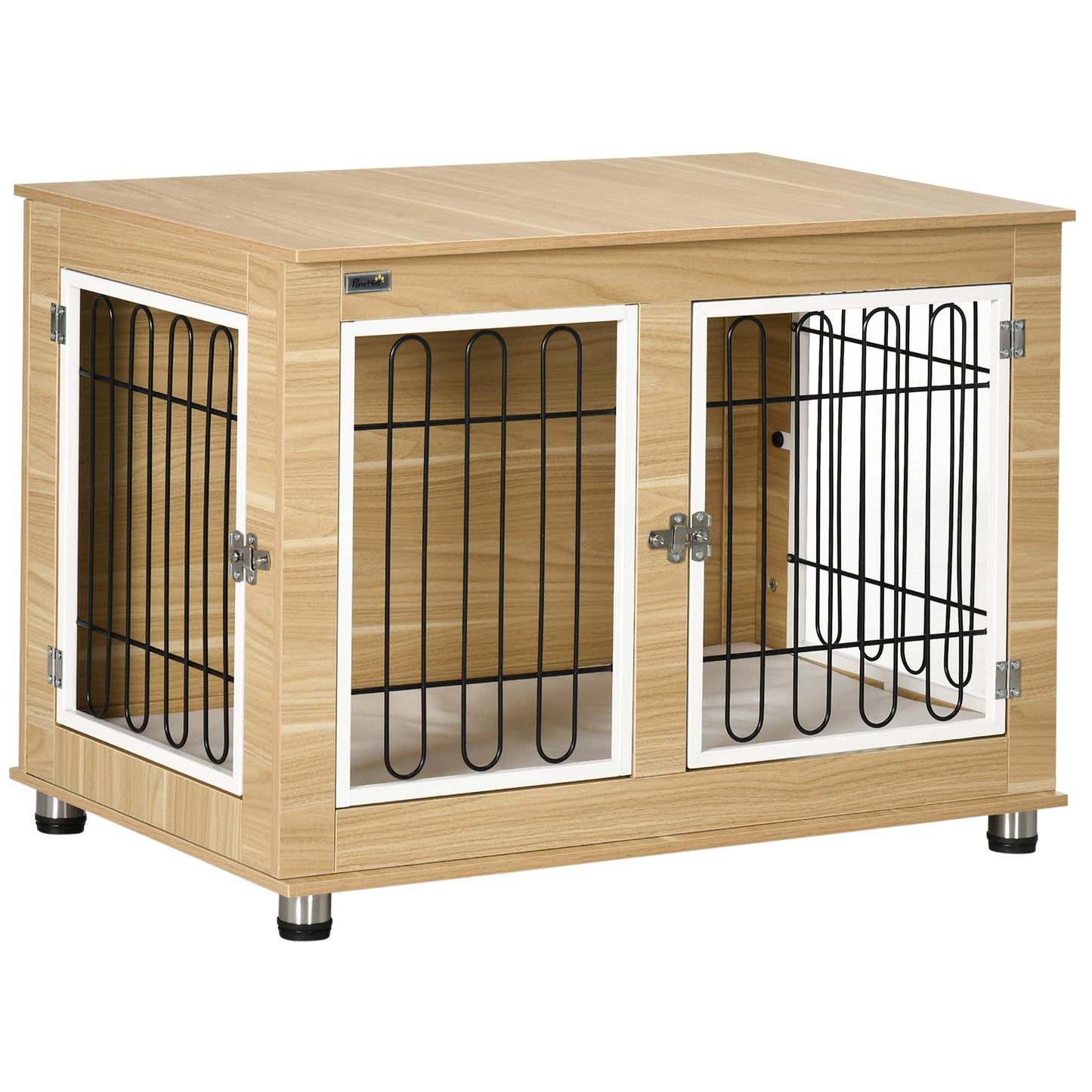 Pet Crate End Table with Soft Cushion, Double-Door Dog Crate Furniture for Medium Large Dogs, Wooden Wire Pet Kennel for Indoor Use