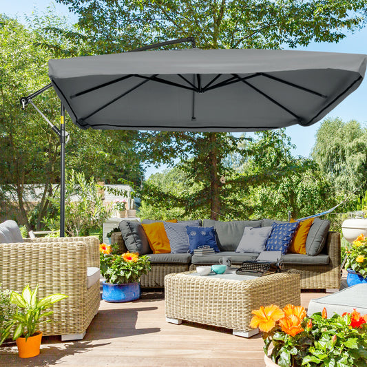 Offset Patio Umbrella with Net and Umbrella Base, Adjustable Cantilever Canopy with Cross Base, Weight Plates and 8 Ribs for Backyard, Poolside, Garden, Dark Grey