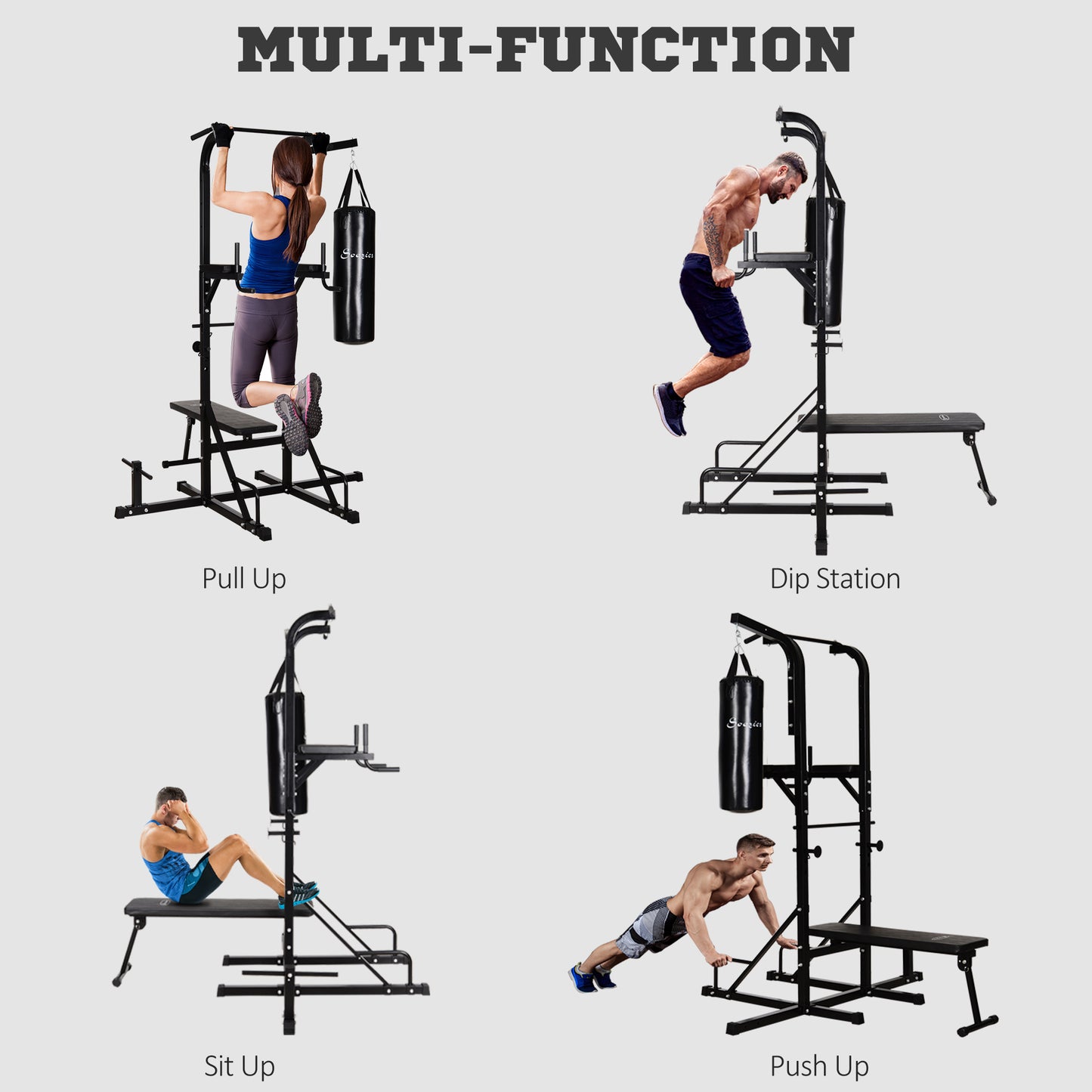 86" Power Tower Full Body Home Gym Fitness Station with Punching Bag Adjustable Sit Up Bench