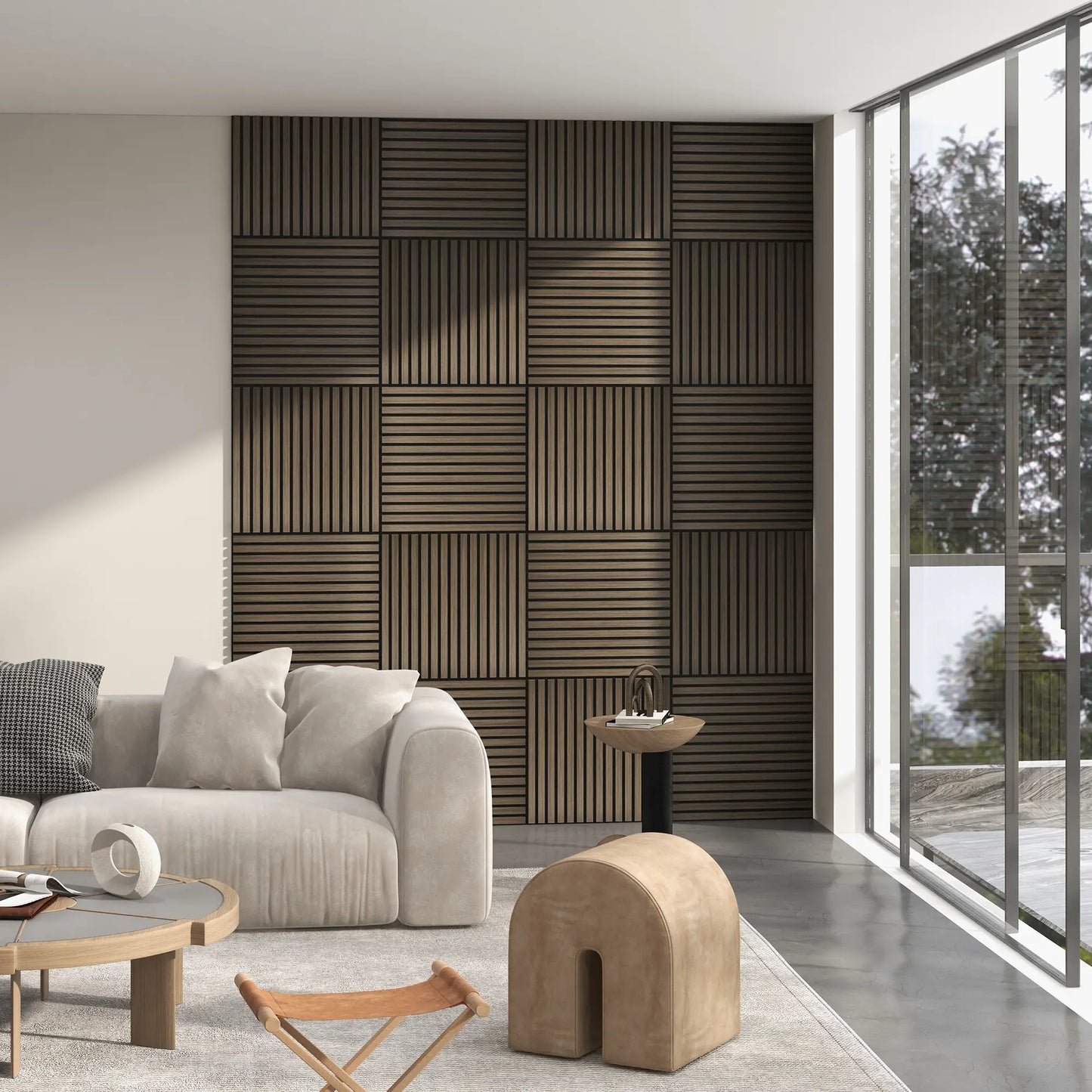 24"x24" Wood Panels Wall Decor,Sound Absorbing Slat Wall For Interior Wall Decor, in Brown