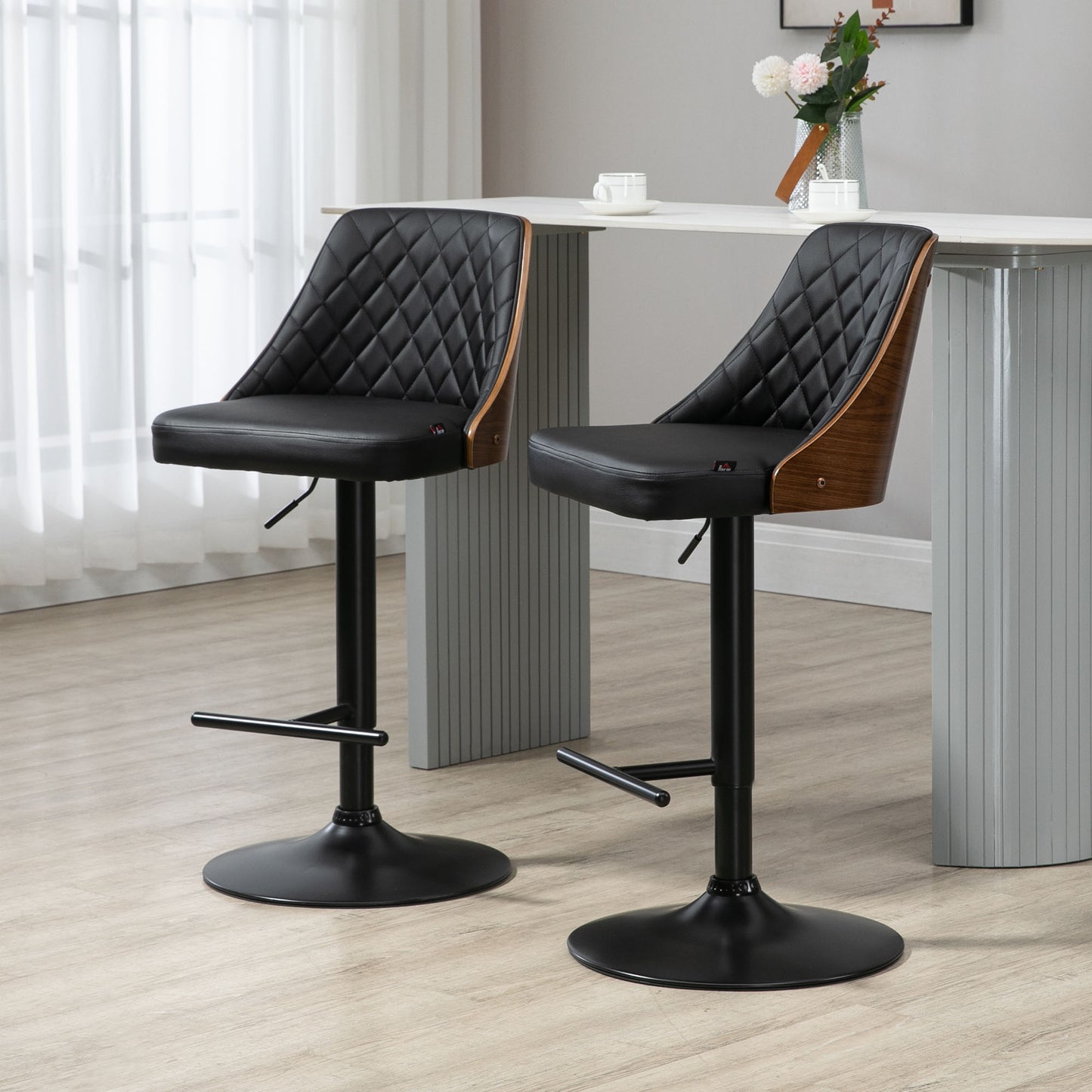 Adjustable Bar Stools Set of 2 Swivel Counter Height Barstools Chairs, PU Leather Solid Wood Back and Footrest, Black