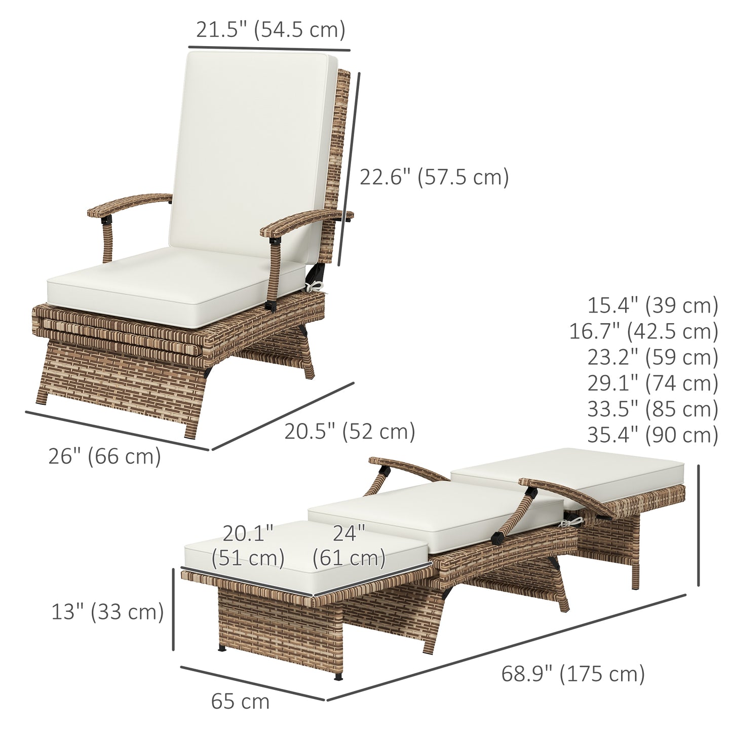 Outdoor Wicker Foldable Recliner Chair with Retractable Footrest, Cushion, White