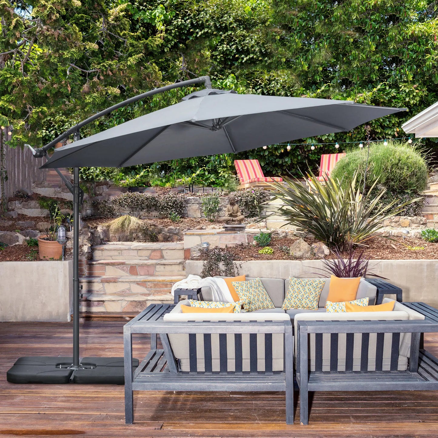 9.6ft Offset Patio Umbrella with Base, Crank, Dark Grey