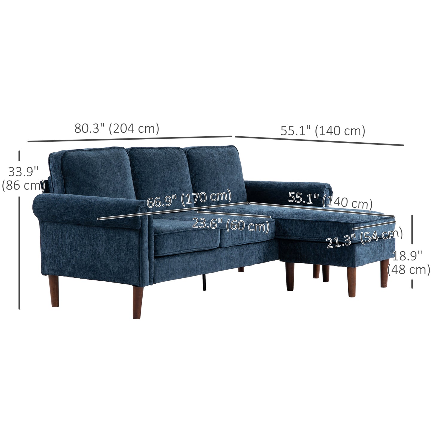 L Shape Modern Sectional Sofa with Reversible Chaise Lounge, Wooden Legs, Corner Sofa for Living Room, Dark Blue