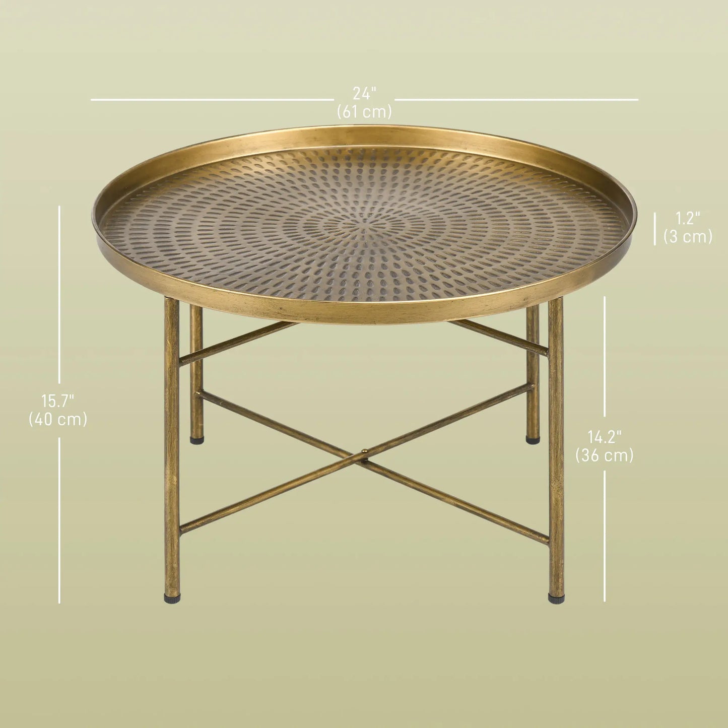 Vintage Style Coffee Table, 24" Round Center Table with Hammered Tray Top and Metal Frame, Gold