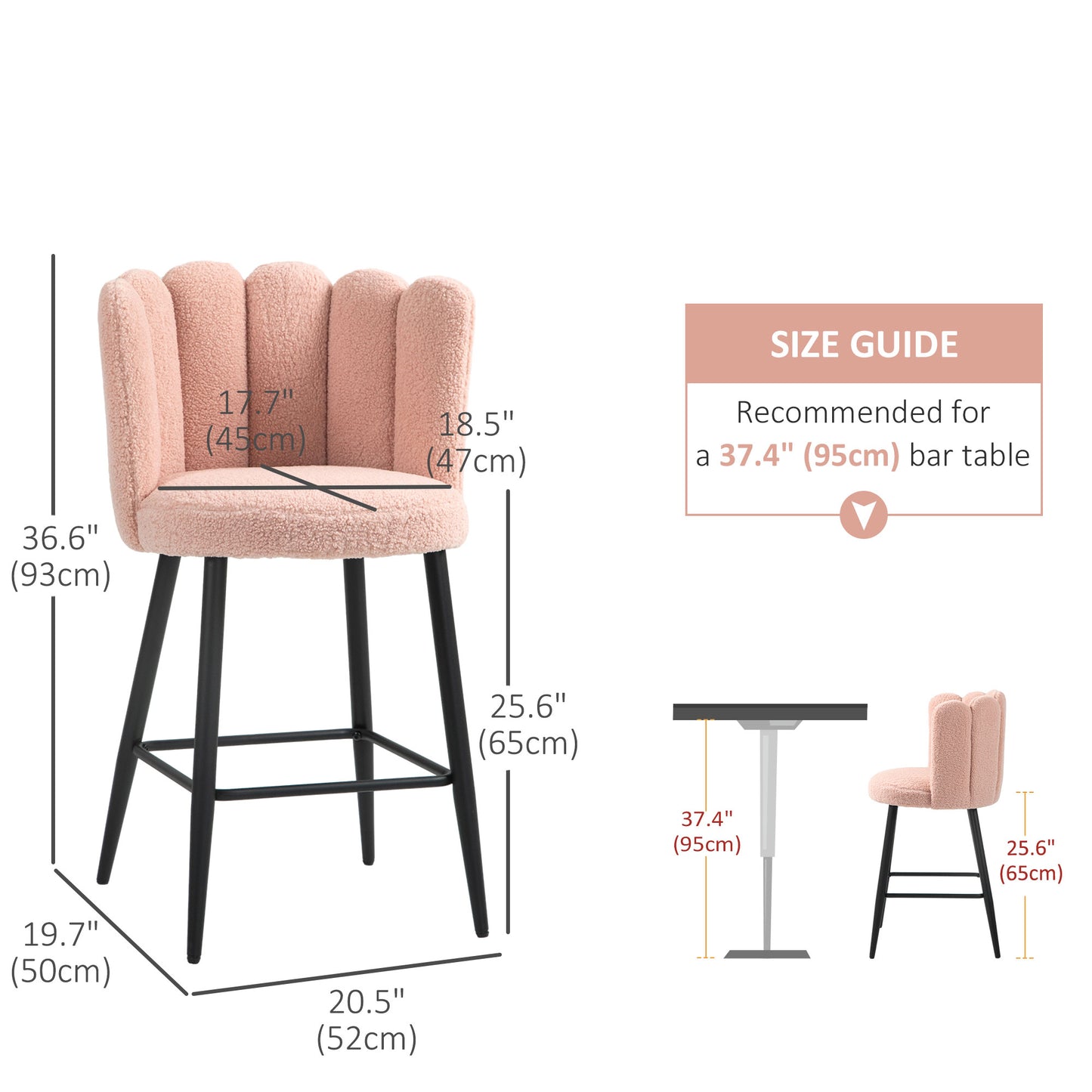 Faux Cashmere Bar Stools Set of 2 Counter Height Bar Stools with Back for Home Kitchen, 20.5"x19.7"x36.6", Pink