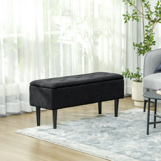 Modern Storage Bench, Lamb's Wool Upholstery for Living Room, Bedroom, Black