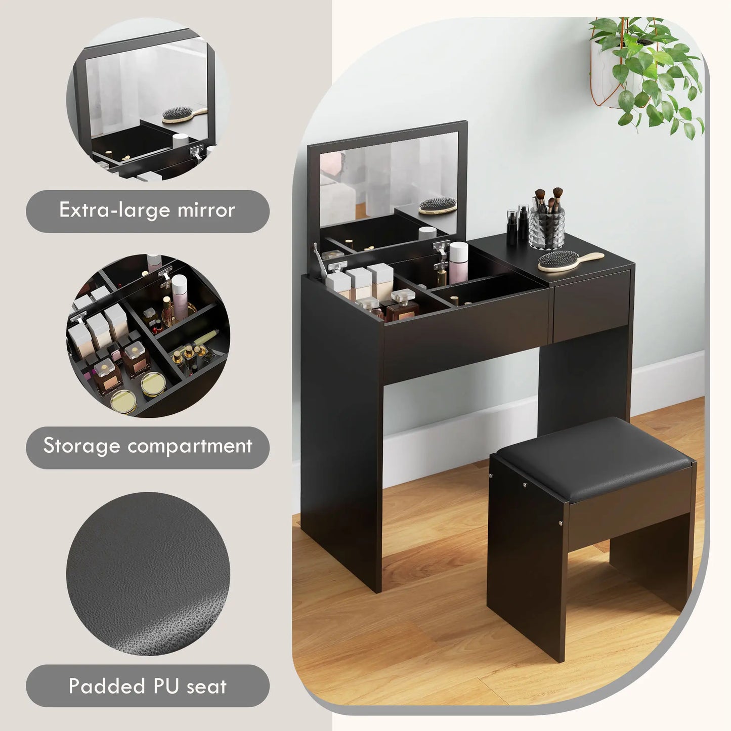 Vanity Set with Flip Top Mirror and Cushioned Stool, Black