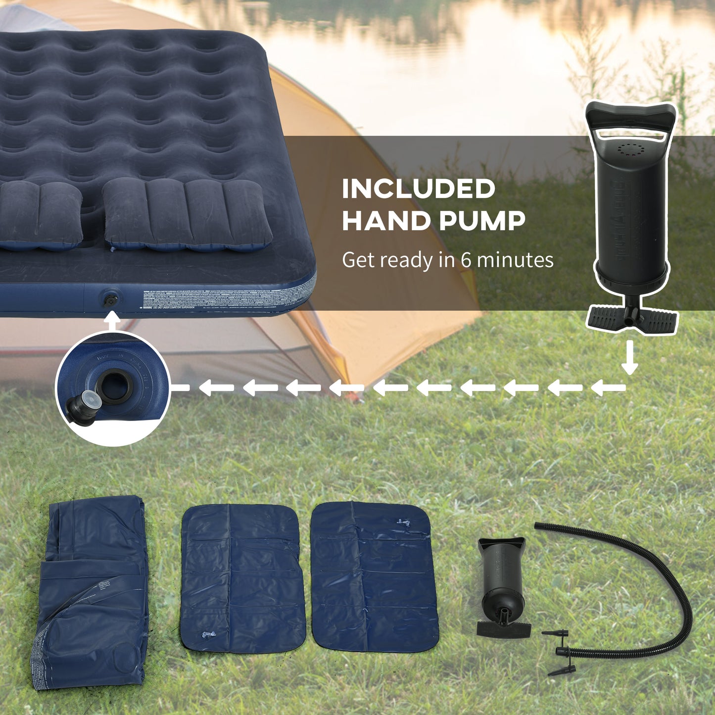 Outsunny Queen Size Air Mattress Camping Air Bed with 2 Pillows and Hand Pump, Blue