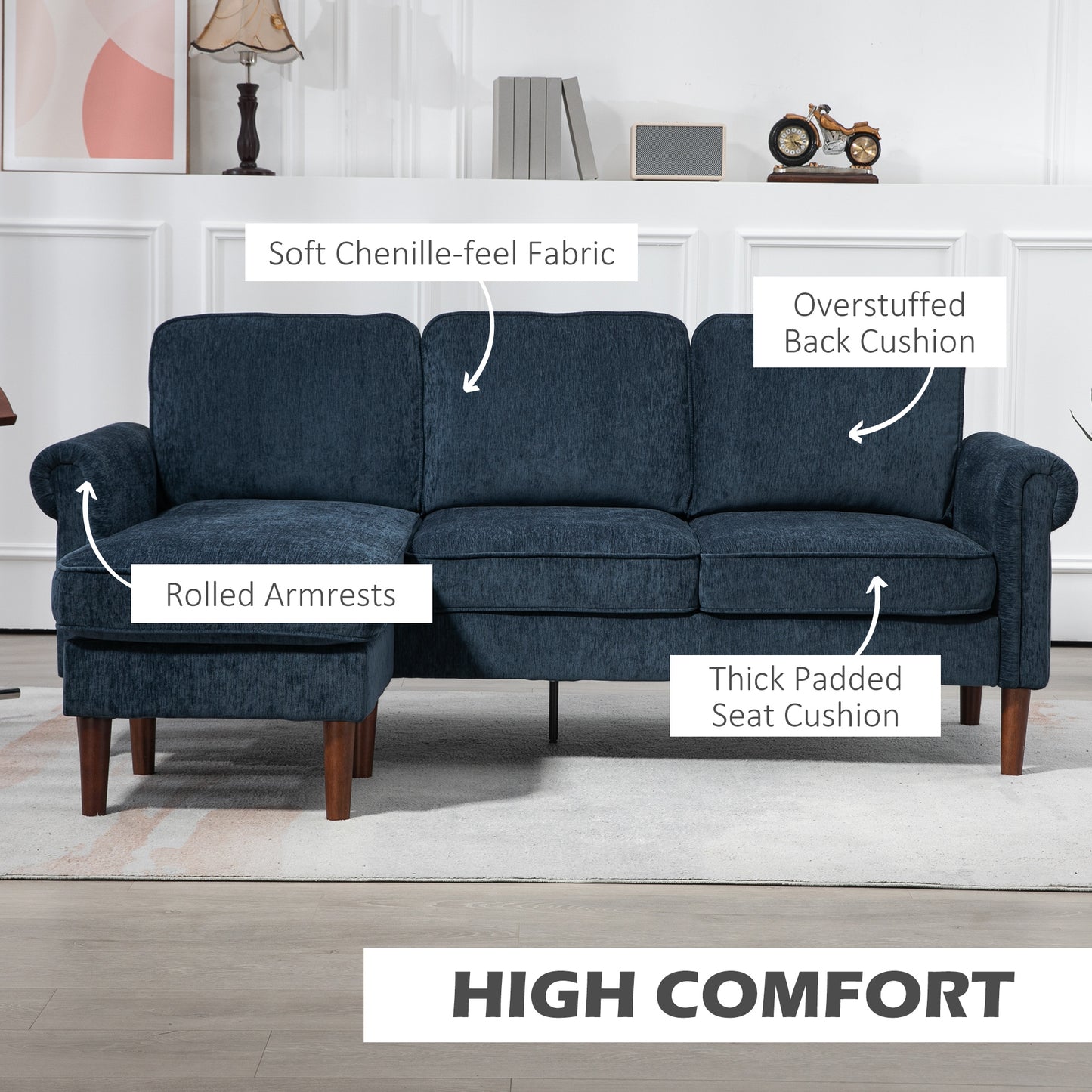 L Shape Modern Sectional Sofa with Reversible Chaise Lounge, Wooden Legs, Corner Sofa for Living Room, Dark Blue