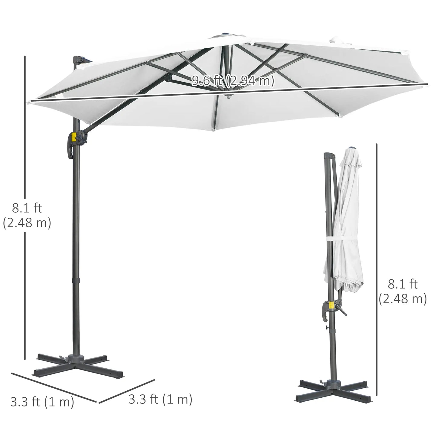 9.6' Cantilever Patio Umbrella Outdoor Hanging Offset Umbrella with Cross Base 360° Rotation Aluminum Poles White