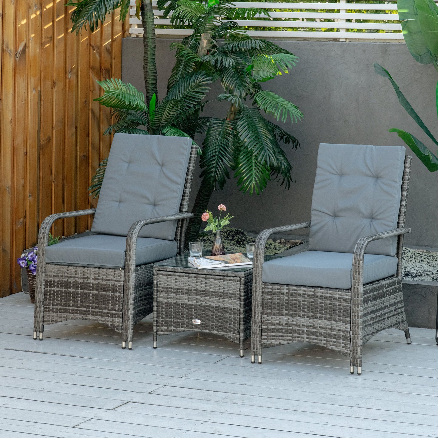 Outsunny 3 Piece Outdoor PE Rattan Patio Furniture Set Bistro Set w/ Cushions, Tempered Glass Tabletop for Balcony, Pool, Grey