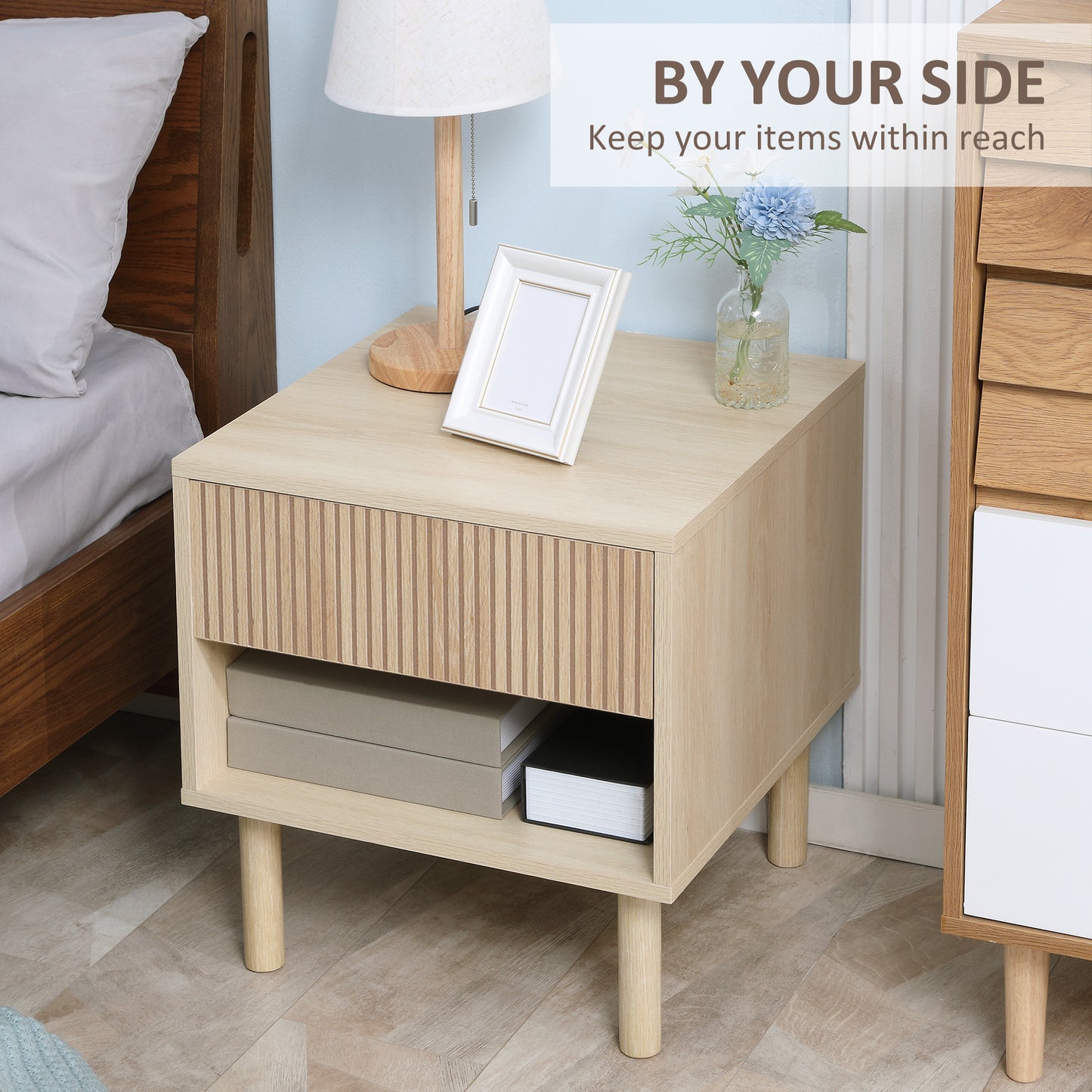 Modern Bedside Table with Drawer and Open Shelf, Sofa Side Table for Bedroom Living Room, Natural