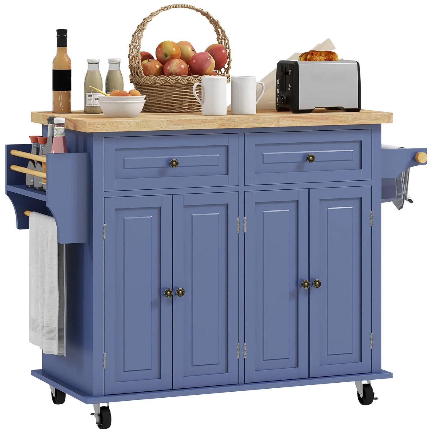 Kitchen Island with Storage, with Rubber Wood Top, Spice Rack, Towel Rack, Navy Blue