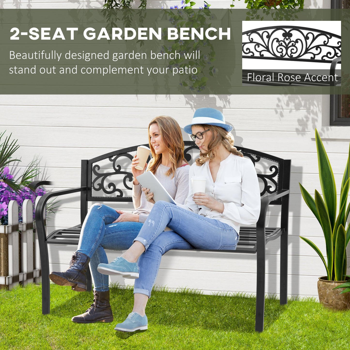 Outsunny Steel Garden Bench for Outdoor, 2-person Patio Bench, Floral Rose Accent, Loveseat Furniture for Lawn, Deck, Yard, Porch and Entryway, Black