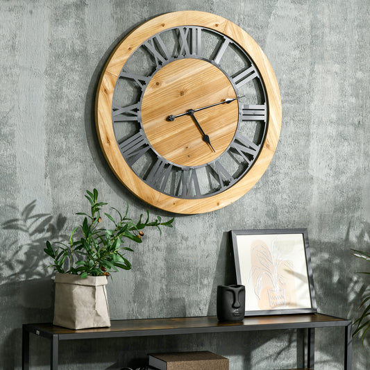 30 Inch Large Wall Clocks for Home Decor, Silent Non Ticking Decorative Roman Numerals Oversized Clocks Battery Operated for Living Room Bedroom Kitchen, Black and Natural Wood Colour