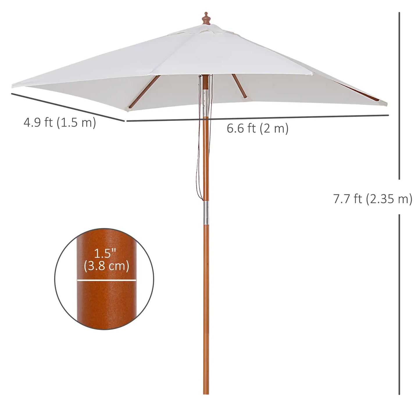 6.6x5ft Fir Wooden Patio Umbrella with Tilt Mechanism 6 Ribs Garden Sunshade, inCream White