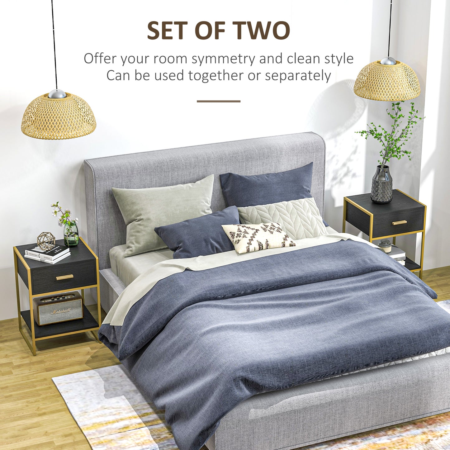 Modern Nightstand Set Of 2, with Drawer, Shelf and Steel Frame in Black